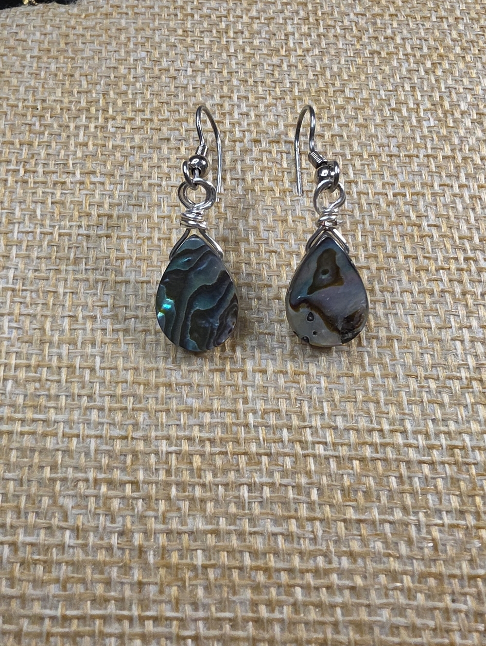 Teardrop Abalone Shell Earrings with Silver Wire - Iridescent Green-Blue